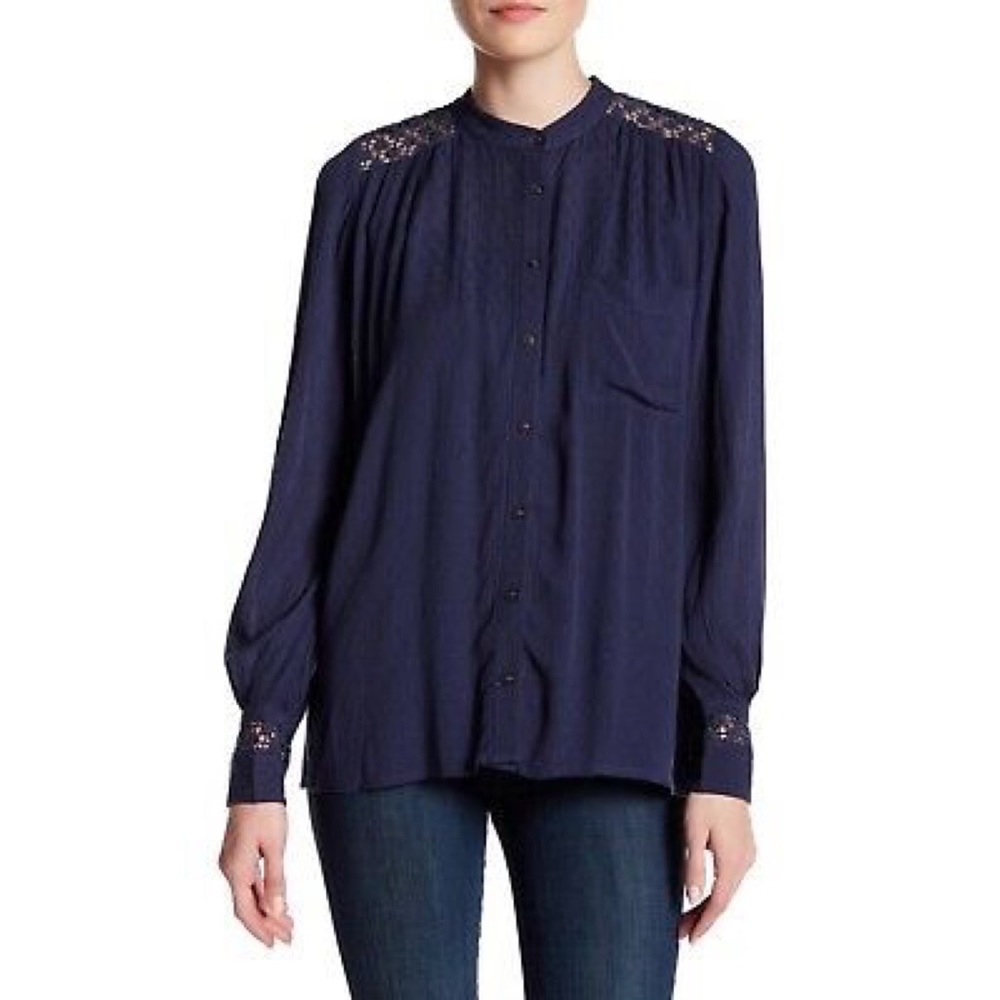 Free People Lace Back Blouse Navy Blue Size XS